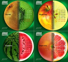 four calendars with different fruits on them