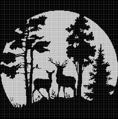 a cross stitch pattern with trees and deer in front of a full moon on a black background