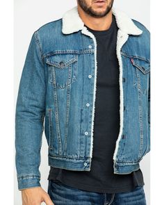 Size Small Levi's Men's Winter Outerwear With Flap Pockets In Medium Wash, Winter Denim Jacket In Medium Wash With Patch Pockets, Winter Denim Jacket With Flap Pockets In Medium Wash, Mens Vest Fashion, Western Apparel, American West, Vest Fashion, Levis Men, Sherpa Lined