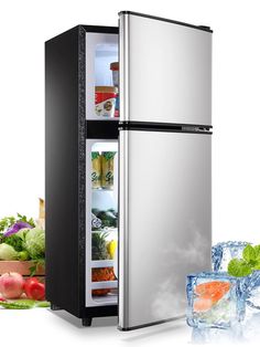 a refrigerator with its door open next to ice cubes and vegetables in the background