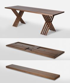 three different views of a wooden table with metal legs and an x design on the top