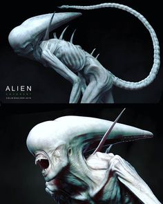 two pictures of an alien with sharp teeth