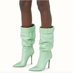 Fenty Puffer Cuffed Synthetic Boots In Light Matcha Sz Eu 39 ***As Seen On Rihanna's Ig In Gray (See Last Pictures)!!! These Are A Rare Find! Rihanna's Clothing Line, “Fenty Fashion House,” Is Suspended Indefinitely As Of 2021. You Will Not Find These Anywhere. City Bloom Collection Drop: The Puffer Boots Are Cut From A Crinkled, Padded Fabric (Hence The Name), Cuffed At The Top And Sit On A Vertiginous Stiletto Heel With A Razor-Sharp Pointed Toe. Style Them Pulled Up Or Slouchy, Either Way We’ Light Green Boots, Fenty Fashion, Puffer Boots, Two Strap Sandals, Green Boots, Slouchy Boots, Rihanna Fenty, Shoe Inspiration, Boot Cuffs