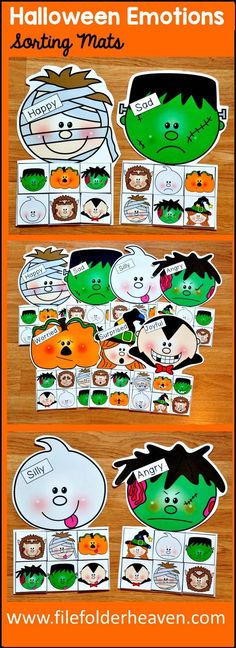 halloween emotions sorting mats for kids to use with their own pictures and writing practice sheets