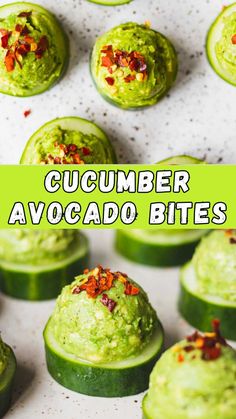 cucumber avocado bites on a baking sheet with the title overlay