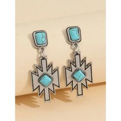 Trendy Captivating Silver Turquoise Aztec Boho Western Cross Earrings - Simulated Turquoise - Length: Approximately 2" - Width: Approximately 3/4" - Color: May Vary Due To Lighting During Photographing Big Statement Earrings, Turquoise Accents, Turquoise Cross, Color Turquesa, Arizona Turquoise, Cross Earrings, Beaded Dangle Earrings, Boho Stil, Turquoise Pendant