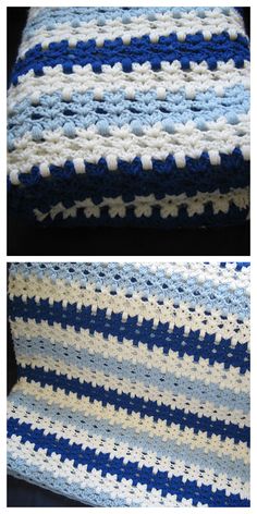 crocheted blanket with blue and white stripes on the bottom, in two different angles