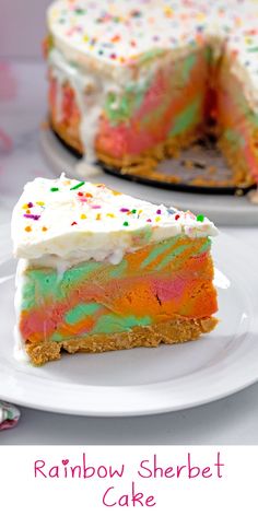 a slice of rainbow sherbet cake on a plate