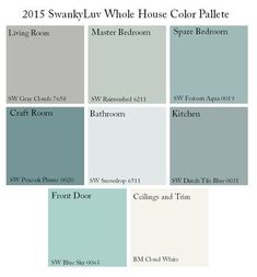 several shades of blue and white paint with the words, 2013 swindy wolf house color palette