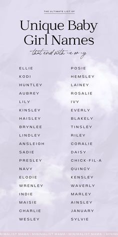 the unique baby girl names list is shown in black and white on a purple background