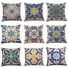 nine decorative pillows in different colors and patterns on a white background, each with an intricately designed design