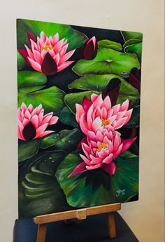 a painting of pink water lilies on green leaves