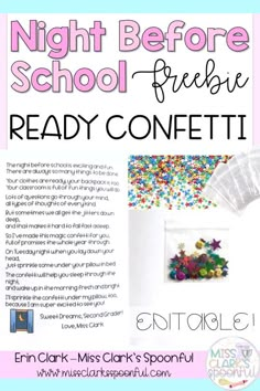 Night before school poem and bag of confetti Twas The Night Before Kindergarten, Preschool Back To School Night Handouts, This Is How I Colored On The First Day, First Day Of School Gifts For Students From Teacher, Welcome Back To School Messages For Students, Night Before Kindergarten Confetti, Jitter Glitter Poem Printable, Butterflies On The First Day Of School, Ready Confetti First Grade