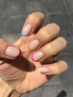 Clear And Color Nails, Clear Nails With Coloured Tips, Different Colour Tips Nails, Nails Coloured Tips, Cute Clear Nails, Colorful French Nails, Colored French Nails, Colored Nail Tips, Teen Nails