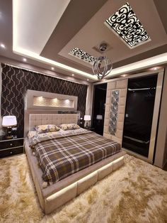 a large bed sitting inside of a bedroom on top of a shaggy carpeted floor