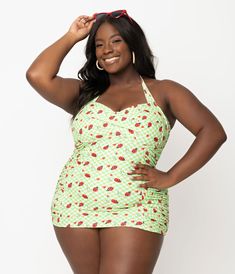 Unique Vintage Plus Size Green Gingham & Ladybug Corinne Sheath Swimsuit Fitted Cherry Print Swimwear For Spring, Retro Halter Neck Tankini For Summer, Fitted Sleeveless Pinup Swimwear, Fitted Pinup Swimwear, Flirty Halter Neck Swimwear For Spring, Spring Fitted Swim Dress With Adjustable Straps, Fitted Spring Swim Dress With Adjustable Straps, Fitted Swim Dress With Adjustable Straps For Spring, Master Board