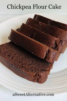 three slices of chocolate cake on a white plate with text overlay that reads, how to make homemade chocolate chickpea flour cake