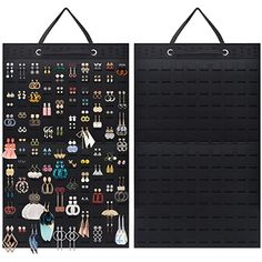 two black pegboards with earrings hanging from the top and bottom, both displaying different types of earrings