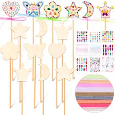 PRICES MAY VARY. Make Your Own Princess Wand Kit: the package comes with 28 pack,including18 pieces of fairy wands, available in 6 different shapes, such as moon, star, heart, crown, flower and butterfly shape, 9 sheets of gem stickers, come in different styles and colors, 1 pack (20 pieces) of colorful ribbons, enough quantity and beautiful styles can meet your needs to design your own favorite fairy wand at the activities Let Your Little Princess Experience a Variety of Fun: this princess wand Scratch Paper Art, Gem Stickers, Magical Wand, Wooden Fairy, Moon Butterfly, Princess Wands, Wooden Wand, Diy Wand, Princess Fairy