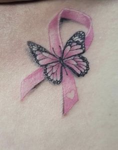 Butterfly With Pink Ribbon Tattoo, Ribbon And Butterfly Tattoo, Mastectomy Scar Tattoo Ideas, Pink Ribbon Butterfly Tattoo, Ribbon Tattoos Awareness, Bubbles Up Tattoo, Butterfly Ribbon Tattoo, Chemo Port Scar Tattoo, Ribbon Butterfly Tattoo