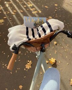 a close up of a bicycle with leaves on the ground