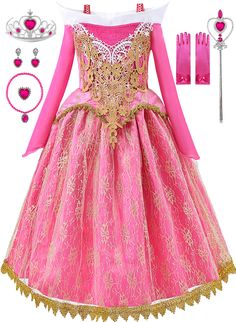 a pink and gold princess dress with accessories