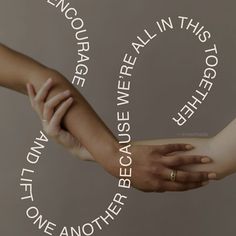 two people holding each other's hands with the words together in different languages above them