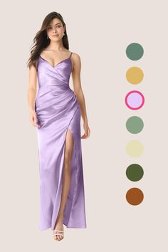 a woman in a long purple dress standing next to a color swat list with different colors