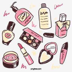 cosmetics,cosmetic,eye shadow box,lipstick,toner,sunscreen cream,liquid foundation,dark brown,pink,hand clipart,cartoon clipart,drawn clipart,makeup clipart,line clipart,lipstick clipart,beauty clipart Lipstick Clipart, Makeup Png, Cosmetics Illustration, Makeup Clipart, Paper Makeup, Makeup Backgrounds, Makeup Illustration, Alat Makeup, Aesthetic Cartoon