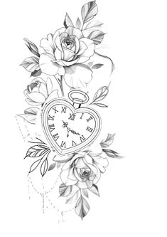 a black and white drawing of roses with a heart shaped pocket watch on it's side