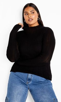 Say goodbye to your style woes with the Crinkle Knit Sweater. Flaunting a versatile yet cosy style, this jumper offers soft stretch ribbed fabrication, long sleeves and a high neckline. Key Features Include: - High neckline - Long sleeves - Soft stretch ribbed fabrication - Pull on style - Hip length | Plus Size Jumper Crinkle Knit 24 in Black, Size 20/L | City Chic Versatile Long Sleeve Ribbed Sweater, Cosy Style, Plus Size Jumpers, Black Knit Sweater, Denim Outerwear, Plus Size Outerwear, Tunic Tank Tops, Casual Summer Dresses, Fit N Flare Dress