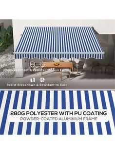 a blue and white striped awning over a table