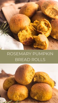 some bread rolls are stacked on top of each other with the words rosemary pumpkin bread rolls