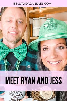 a man and woman dressed up for st patrick's day with text overlay that reads meet ryan and jess