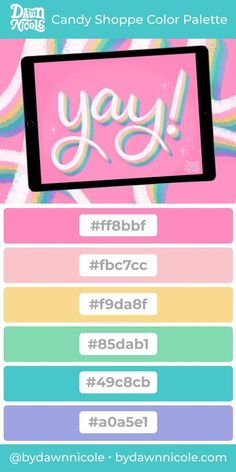 the candy shoppe color palette is displayed on a tablet screen, with text below it