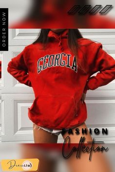 Fashion Simple Letter Print Sweatshirt Trendy Hoodies, Letter Print Sweatshirt, Ropa Diy, Vintage Mode, Sweatshirts Online, Tie Dye Hoodie, Red Hoodie, Print Sweatshirt, Comfy Outfits