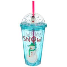 a glass cup with a straw in the shape of a snowman on it and a lid