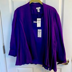 Chico’s Size 2 Lightweight Jacket With Matching Tank, Never Worn Nwt Purple Outerwear For Spring Layering, Spring Purple Outerwear For Layering, Applique Jacket, Womens Poncho, Printed Denim Jacket, Purple Jacket, Safari Jacket, Woven Jacket, Open Front Sweater