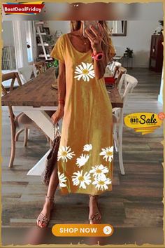 Floral Printed Summer Maxi Dress Crew Neck Women Dresses P122980 Blue Yellow Grey, Loose Maxi Dress, Neck Women, Midi Shift Dress, Shift Dresses, Womens Shift Dresses, Floral Outfit, Maxi Robes, Summer Maxi