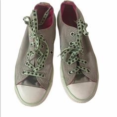 Girls All-Star Converse 
Size 13 Juniors 
Gray with mint Green & Pink 
Shoe string mint with black hearts 
Double tongue •Pink insoles Star Shoe, Star Converse, Black Hearts, All Stars Converse, Star Shoes, Pink Shoes, Black Heart, Size 13, Mint Green