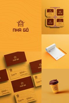 three different logos and business cards for coffee shop, with the same logo on them