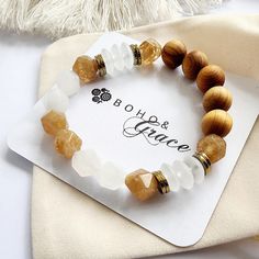 This elegant boho stretch bracelet combines frosted white and star cut yellow tea cherry quartz beads. It includes gold plated hematite spacer beads that perfectly complement the white frosted opaque rondelle and star cut quartz gemstones. Unique Australian made and designed jewellery piece.   Natural Sandalwood beads incorporated into this design are  perfect for infusing your favorite essential oils. Simply add a few drops of your preferred oil onto the wood beads, and experience the rejuvenat Handmade Gifts For Girlfriend, Wood Beads Jewelry, Yellow Tea, Cherry Quartz, Wood Bead Bracelet, Quartz Gemstones, Bracelets Diy, Diffuser Bracelets, Quartz Beads