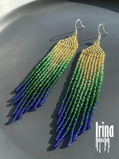 Beaded earrings Gold Gradient seed bead earrings Blue Tassel earrings Green Long Fringe Indian Dangle Bohemian Boho earrings Pastel earrings Dangle Beads With Beaded Fringe For Jewelry Making, Beads With Beaded Fringe For Jewelry Making, Beaded Tassel Drop Earrings, Blue Tassel Earrings, Pastel Earrings, Gold Gradient, Blue Tassel, Long Fringe, Long Fringes