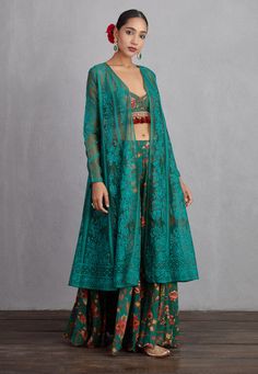 Chania Choli, Winter Fashion Jackets, Indian Textiles, Sharara Set, Indian Fashion Designers, Desi Fashion, Bottle Green, Silk Organza, Embroidered Jacket