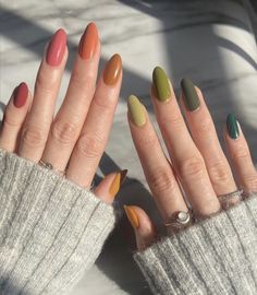 Fall Nails 2023 Multi Color, Alternate Color Nails, Tri Colored Nails, Minimalist Nails Colorful, Autumn Multicolor Nails, Fall Rainbow Nail Colors, Simple Nail Color Combos, Two Different Colored Nails On Each Hand Acrylic, Every Nail A Different Color