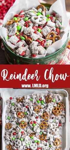 reindeer chow recipe with pretzels and candy canes in the middle is shown