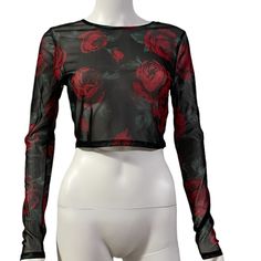 Black Floral Mesh Long Sleeve Red Rose Top Blue Tube Top, Plaid Crop Top, Sparkly Top, Black Mesh Top, Cropped Long Sleeve Top, Mesh Crop Top, Long Sleeve Floral Top, Small Crop Tops, Blue Crop Tops