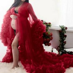 Ruffled Maternity Robe Gowns For Photoshoots. Nwt Stunning New Trend Prom Dresses Custom, Robes Women, Women Photoshoot, Tulle Maternity Dress, Beautiful Maternity Dresses, Tulle Dress Long, Maternity Photoshoot Outfits, Maternity Dresses For Photoshoot, Unique Prom Dresses