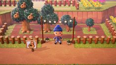 an animal crossing game in the middle of a park with trees and flowers on it