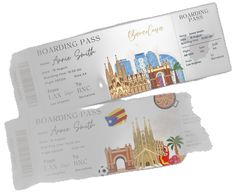 two boarding cards with an image of barcelona and the cathedrals in the background on white paper